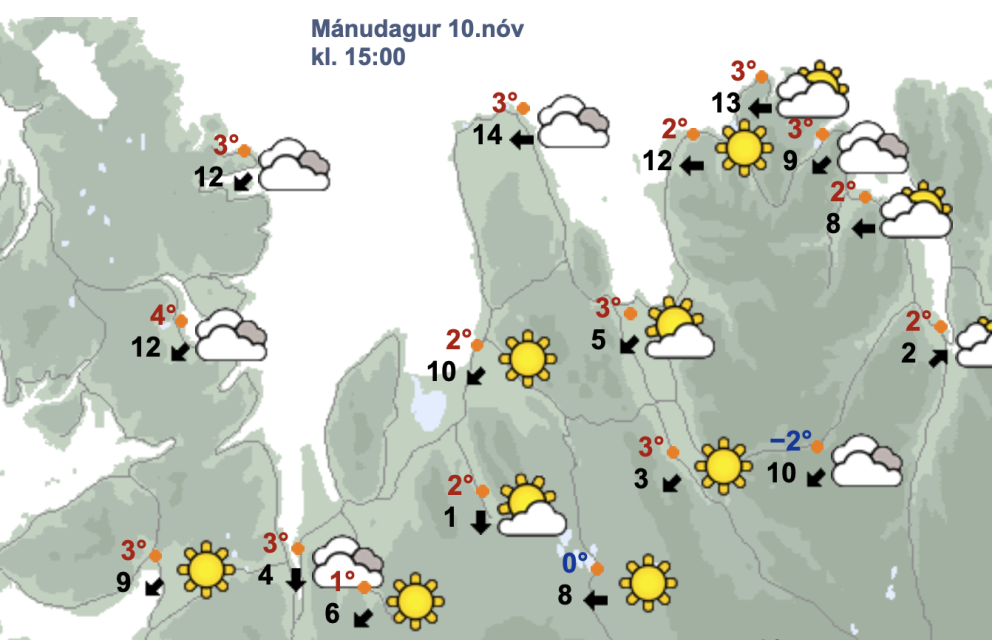 Veðurspáin fyrir miðjan dag á mánudaginn. SKJÁSKOT