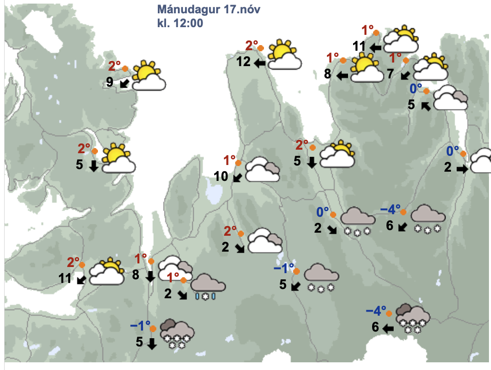 Veðurspá Veðurstofunnar fyrir hádegi á morgun, mánudag. SKJÁSKOT