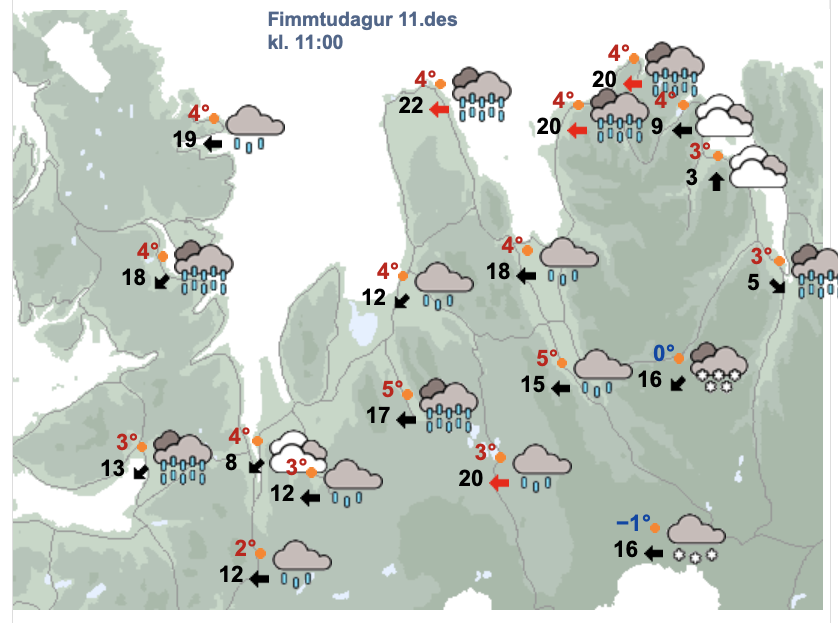 Spá Veðurstofunnar fyrir kl. 11 í dag. SKJÁSKOT