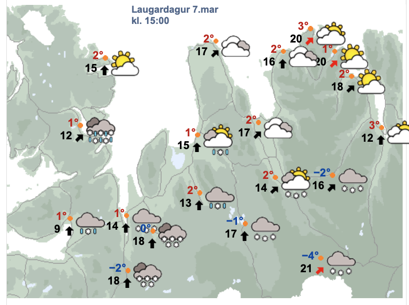 Svona er spáin fyrir miðjan dag á morgun. SKJÁSKOT AF VEÐUR.IS