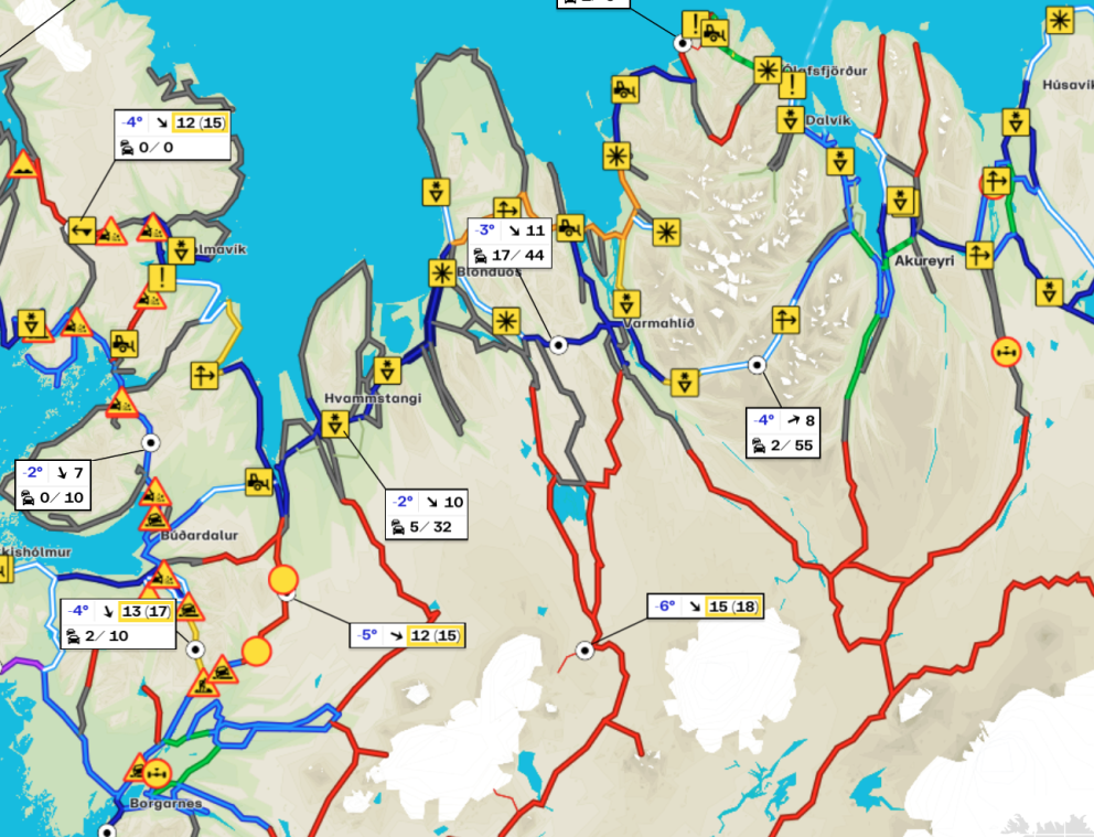 Færð á vegum á Norðurlandi um kl. 8:30 í morgun. SKJÁSKOT AF UMFERÐIN.IS