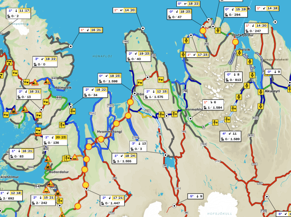 Umferðarkort Vegagerðarinnar nú um 23:45 í kvöld. SKJÁSKOT