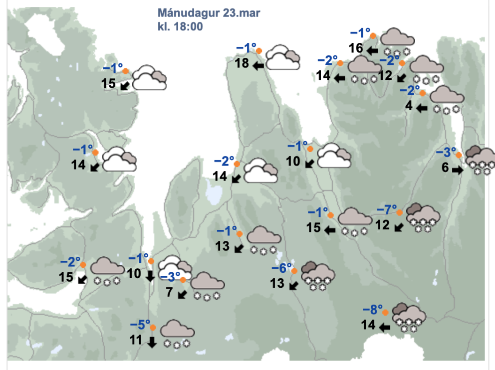 Veðurspáin kl. 18 í kvöld. SKJÁSKOT