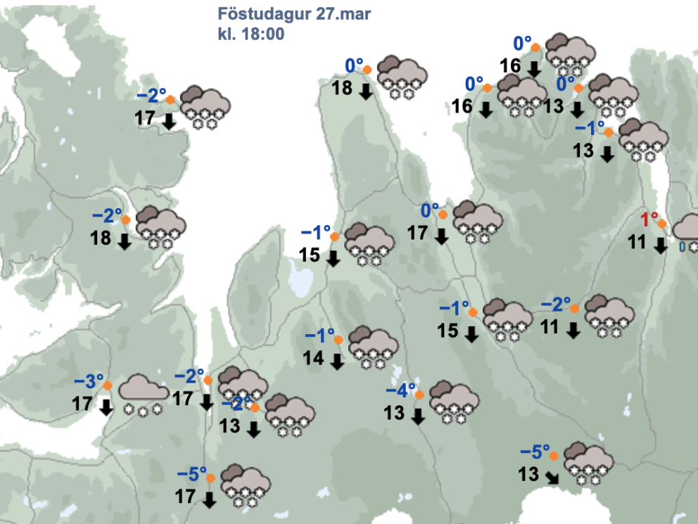 Veðurspáin fyrir Strandi og Norðurland vestra kl. 18 í dag. SKJÁSKOT AF VEDUR.IS