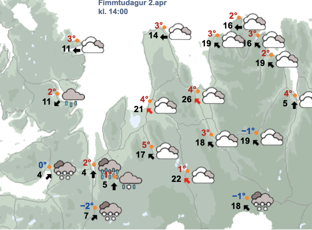 Veðurspáin fyrir kl. 14 á skírdag. SKJÁSKOT AF VEÐUR.iS