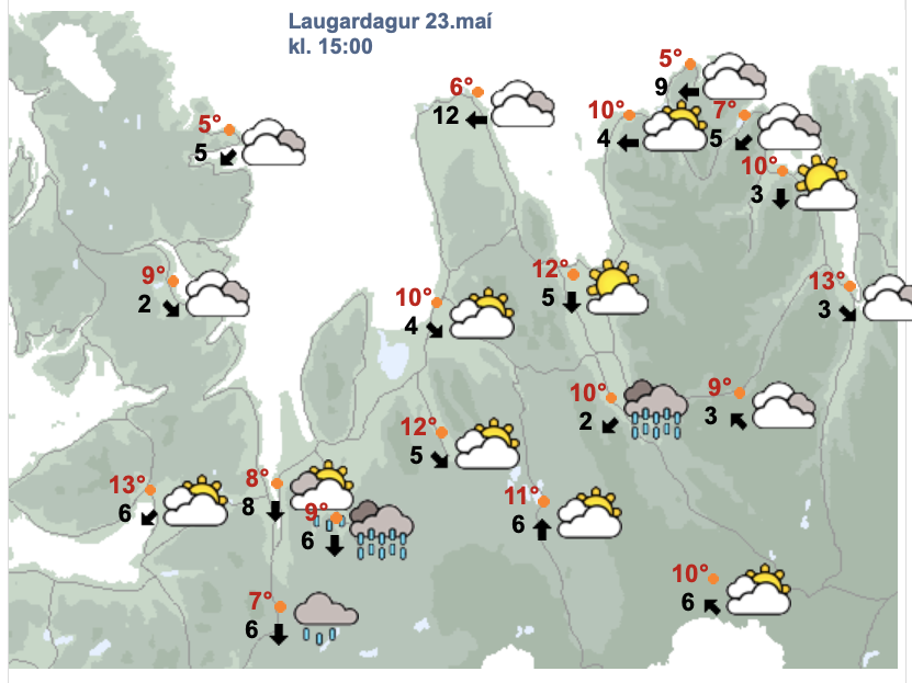 Spáin fyrir Norðurland vestra um kl. 15 á morgun, laugardag. SKJÁSKOT AF VEÐUR.IS