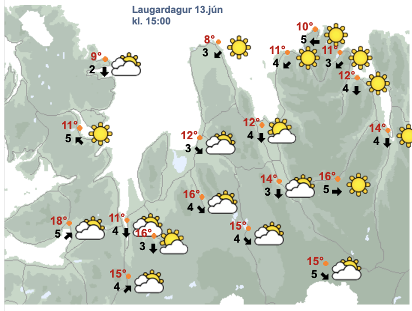 Spkort frá því kl. 13:50 á föstudegi fyrir veðrið á Norðurlandi vestra kl. 15:00 á laugardag. SKJÁSKOT