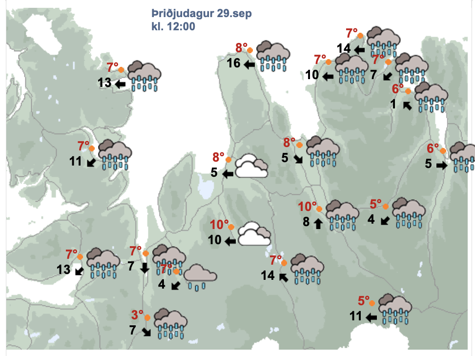 Veðurspáin um hádegi í dag. SKJÁSKOT AF VEÐUR.IS