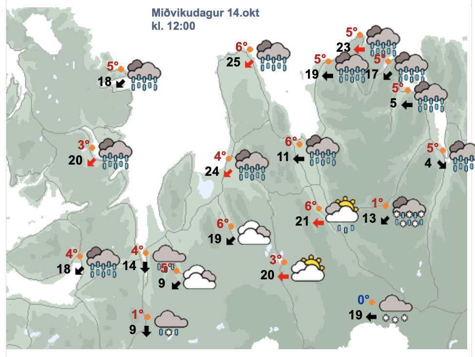 Veðurspáin á Ströndum og Norðurlandi vestra um hádegi í dag. SKJÁSKOT AF VEÐUR.IS