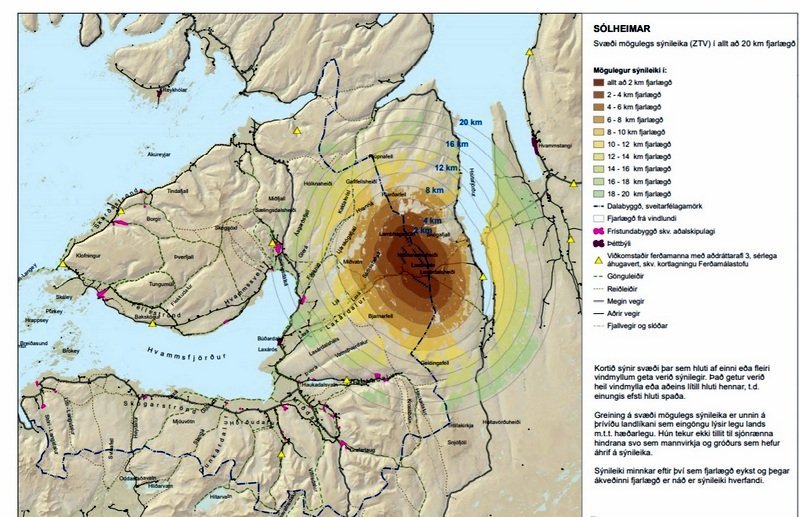 Kortið sýnir svæði þar sem hluti af einni eða fleiri vindmyllum geta verið sýnilegir. Mynd:Skjáskot af mynd í viðauka við breytingu á Aðalskipulagi Dalabyggðar vegna vindorkuvers á Sólheimum.