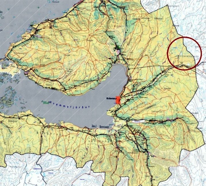 Dalabyggð. Svæðið sem breytingum tekur er innan rauða hringsins. Mynd:Skjáskot af mynd 1 í tillögu um breytingu á Aðalskipulagi Dalabyggðar vegna vindorkuvers á Sólheimum.