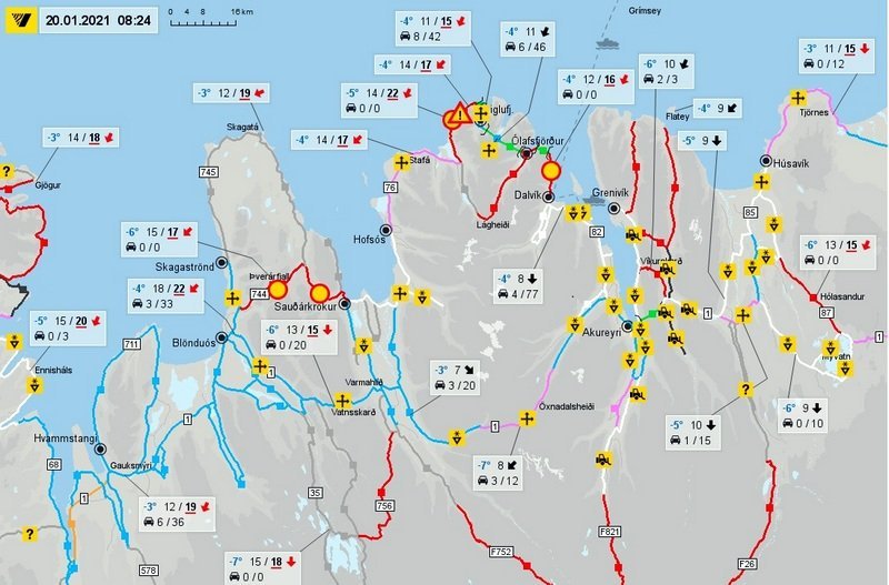 Færðin á Norðvesturlandi. Mynd:Skjáskot af vef Vegagerðarinnar kl. 8:24 í dag.