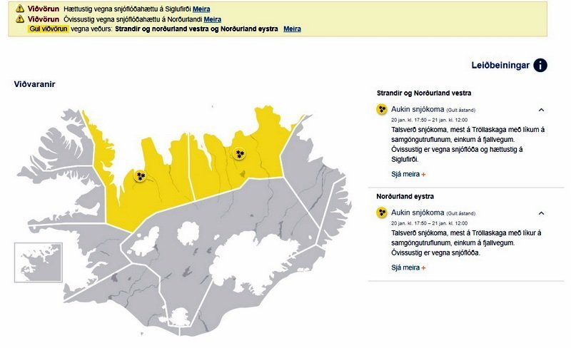 Gul viðvörun er í gildi til hádegis. Skjáskot af vef Veðurstofunnar.