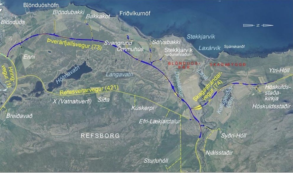 Yfirlitsmynd af síðu Vegagerðarinnar. Bláa línan sýnir ný vegastæði.
