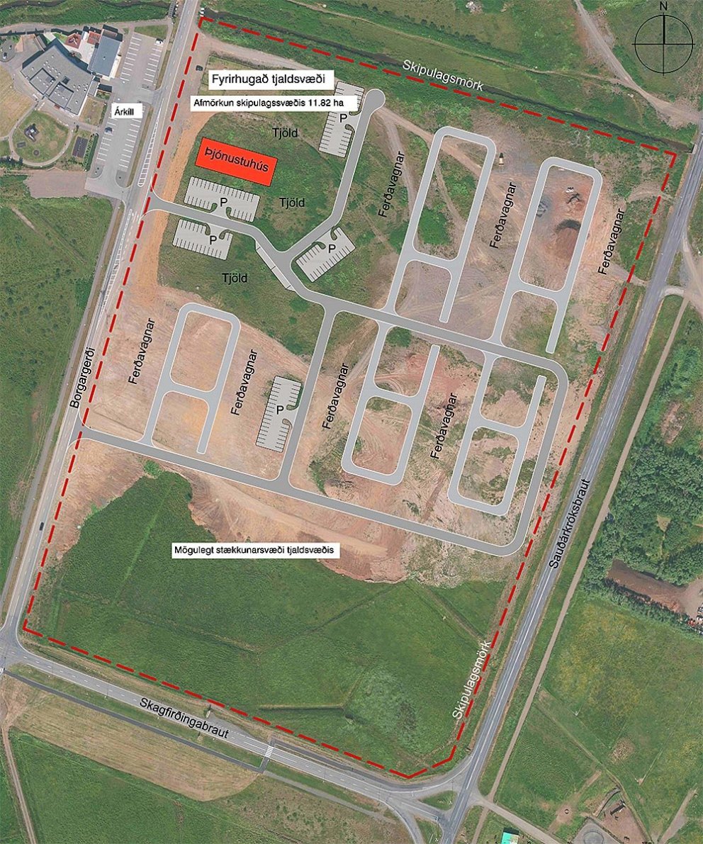 Hér má sjá staðsetningu á fyrirhuguðu tjaldsvæði á Sauðárkróki. Efst til vinstri á myndinni má sjá leikskólabygginguna. Athugið að myndin sýnir ekki fullgerða hönnun svæðisins. MYNDIR FRÁ SKAGAFIRÐI