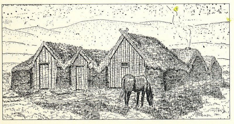 Teikning Edwins Sacher af torfbænum á Syðra-Skörðugili árið 1936. Mynd úr Byggðasögu Skagafjarðar.