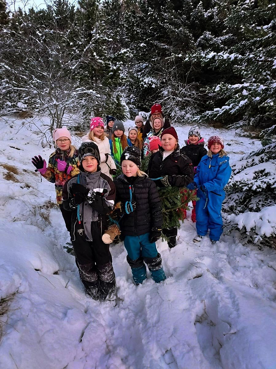 Syngjandi kátir krakkar koma til byggða með tréð góða. MYND: VARMAHLÍÐARSKÓLI.IS