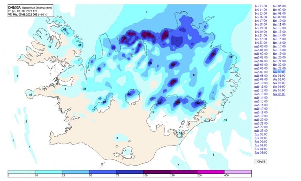 Myndin sýnir spá fyrir 2,5 sólarhringa uppsafnaða úrkomu, frá hádegi á þriðjudag til miðnættis aðfaranótt föstudags. SKJÁSKOT AF VEDUR.IS