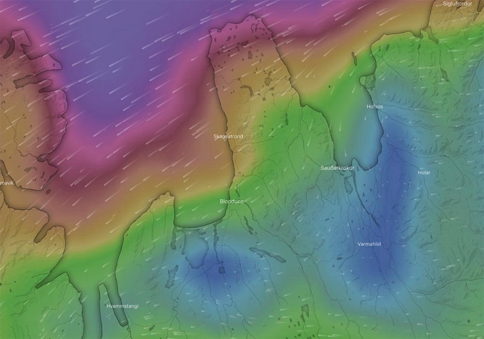 Vindmynd af heimasíðunni Windy.com frá því um 19:30 í kvöld.