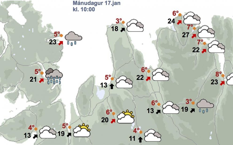 Veðrið um hádegi á morgun, mánudag, samkvæmt spá Veðurstofunnar. SKJÁMYND