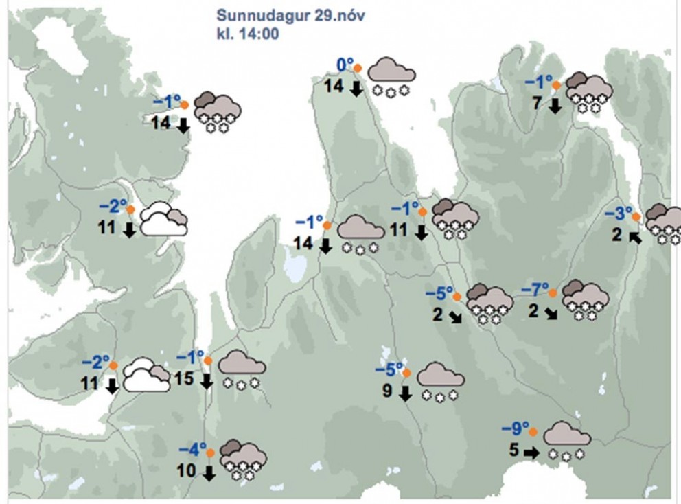 Veðurkort á Veður.is fyrir kl. 14:00 í dag.