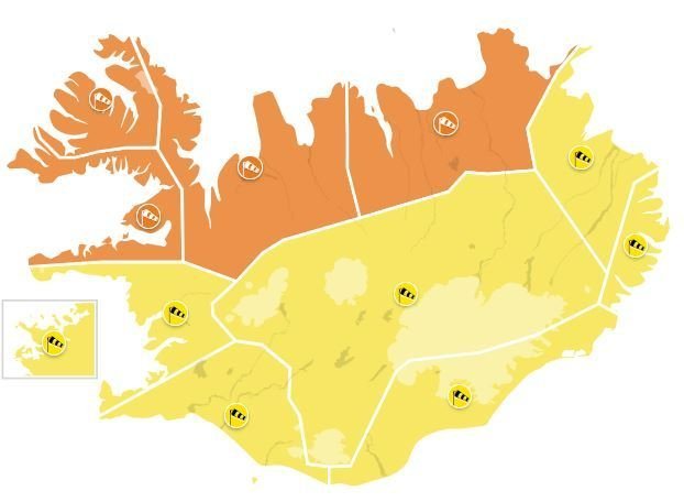Gular og appelsínugular viðvaranir fram á sunnudag