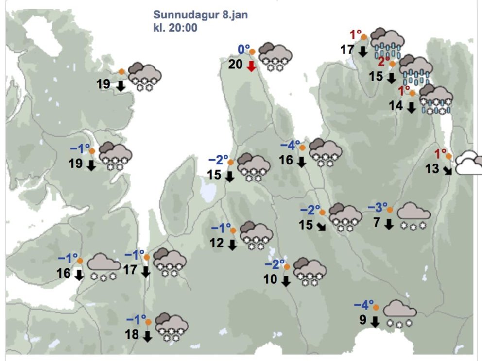 Veðurspá Veðurstofunnar fyrir Norðurland vestra og Strandir nú kl. 20 á sunndagskvöldi. SKJÁSKOT