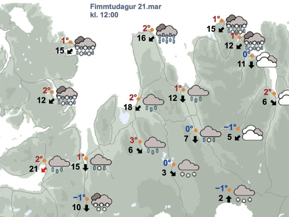 Svona reiknar Veðurstofan með að veðrið verði um hádegi í dag. SKJÁSKOT