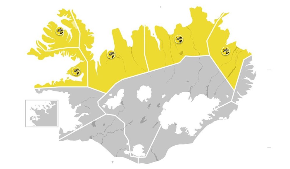 Gul viðvörun fyrir laugardaginn. SKJÁSKOT