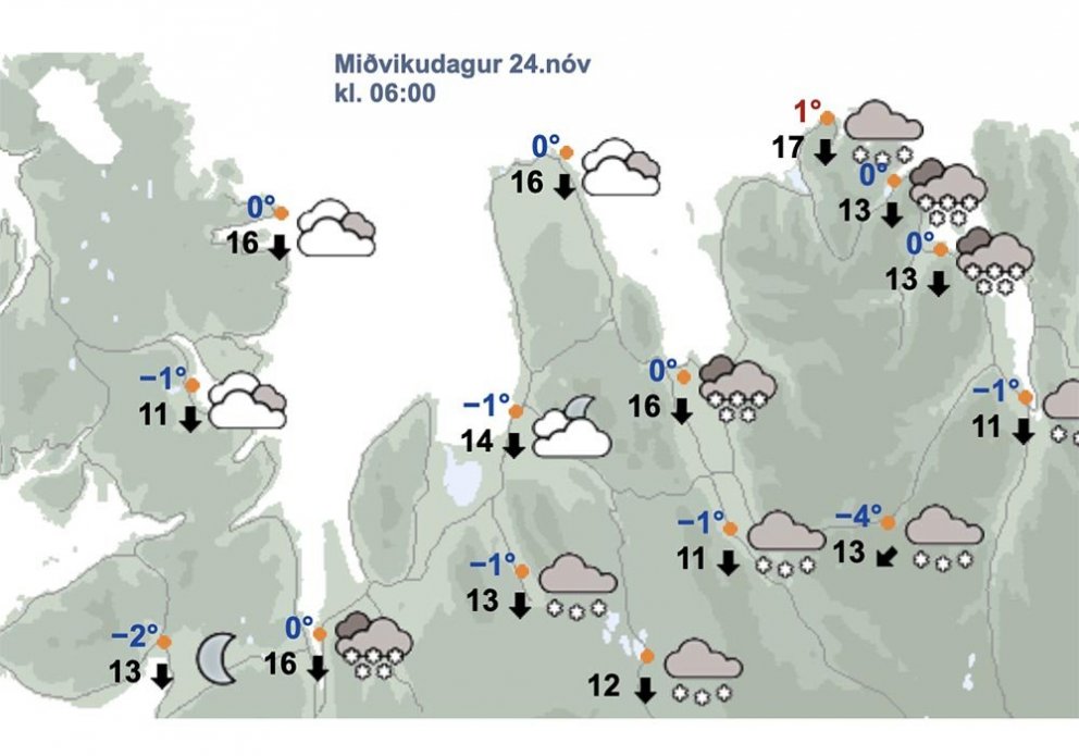 Skjámynd af spá Veðurstofunnar fyrir Strandir og Norðurland vestra kl. 6 í fyrramálið.