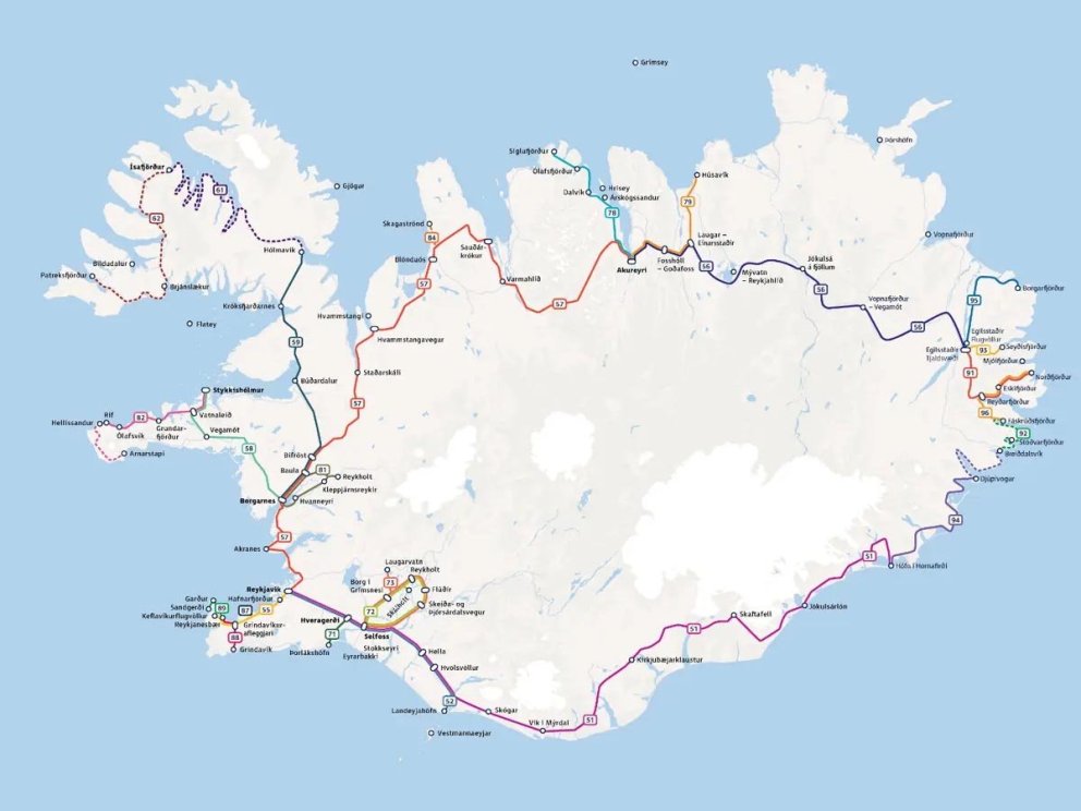 Myndin sýnir leiðakerfi Strætó á landsbyggðinni. SKJÁSKOT