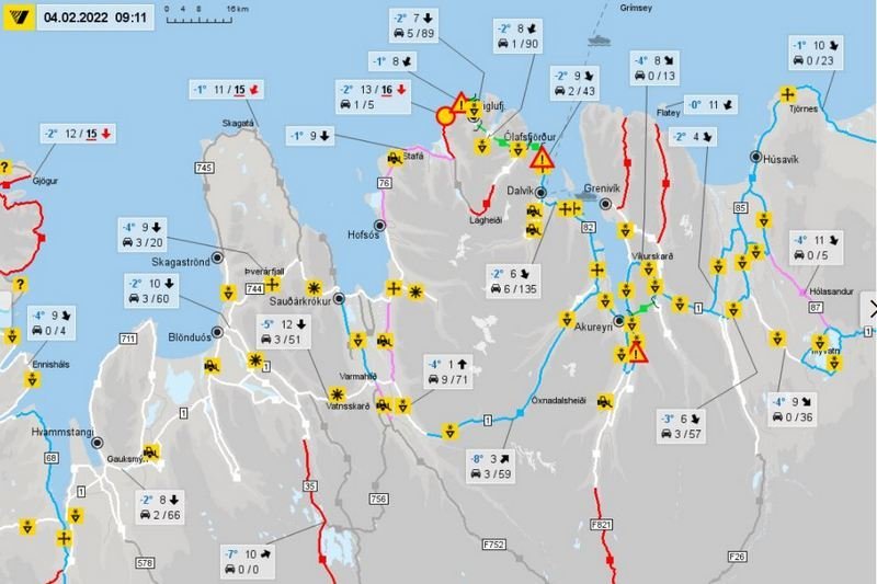 Kort Vegagerðarinnar nú í morgunsárið sem segir til um ástand vega þá stundina.