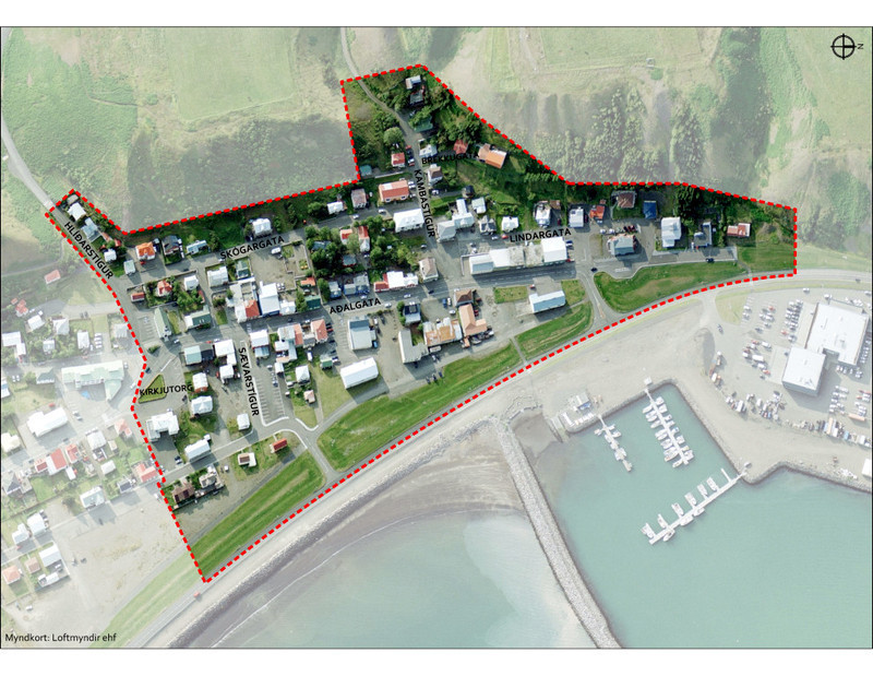 Myndin sýnir afmörkun verndarsvæðisins á Sauðárkróki. Mynd: Skagafjordur.is