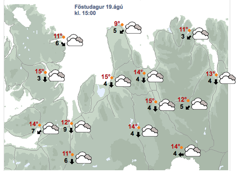 Veðrið á Ströndum og Norðurlandi vestra kl. 15 í dag, 19. ágúst, skv. spá Veðurstofu Íslands. Mynd/vedur.is