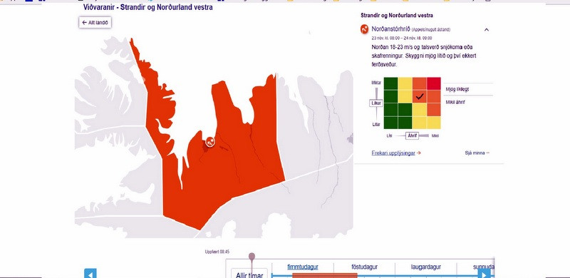 Appelsínugul viðvörun frá Veðurstofunni er í gildi fyrir Norðurland vestra. Skjáskot af vef Veðurstofunnar, Vedur.is.