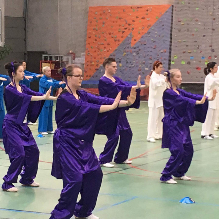 Mynd úr keppninni. Fjólubláir eru íslenska liðið sem fékk gullbikar, (vantar einn á myndina). Þetta er form sem heitir Liu zi jue og fékk Herdís hæstu einkunn í sama formi í einstaklingskeppninni.