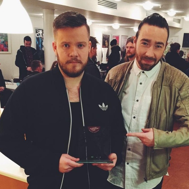 Helgi Sæmundur Guðmundsson og Arnar Freyr Frostason í hljómsveitinni Úlfur Úlfur fengu verðlaun fyrir bestu plötuna á Hlustendaverðlaununum. Ljósm./fengin af fb-síðu Helga Sæmundar.