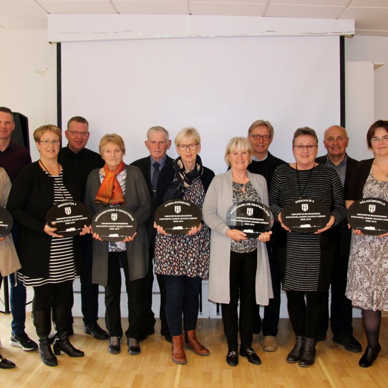 Myndarlegur hópur verðlaunahafa: Fv. Helga Sjöfn Helgadóttir, Gunnlaugur Hrafn Jónsson, Margrét Grétarsdóttir, Páll Sighvatsson, Elínborg Bessadóttir, Vésteinn Vésteinsson, Ingibjörg Sigfúsdóttir sem tók við skildinum fyrir hönd Ásdísar Sigurjónsdóttur, Herdís Sæmundardóttir, Guðmundur Ragnarsson, Ásta P. Ragnarsdóttir, Magnús Sverrissona, Laufey Guðmundsdóttir og Jóhann Bjarnason. Mynd PF. Aðrar myndir aðsendar.