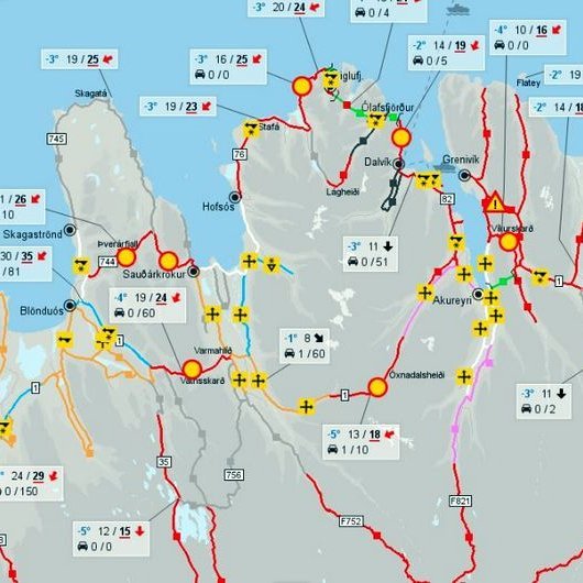 Svona var ástandið klukkan 16 í dag. Mikil ófærð og vetrarríki. Mynd af vegagerdin.is.
