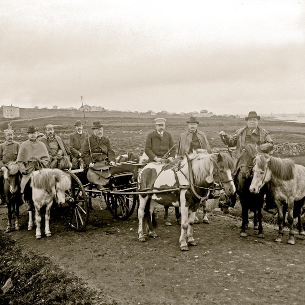 Mynd úr bókinni Íslenski hesturinn, útg. 2004 af Máli og menningu og Sögusetri íslenska hestsins. Myndin er tekin af Sigfúsi Eymundssyni ljósmyndara af hópi herramanna í útreiðatúr inni við Rauðará í Reykjavík að líkindum árið 1907. Í léttivagninum situr Árni Thorsteinsson landfógeti, aftan við hann er sonur hans Árni tónskáld, gráa hestinn til hliðar situr Lárus H. Bjarnason prófessor og fyrirmennið með svipuna í virðulegri stellingu er Ludvig Hansen kaupmaður.