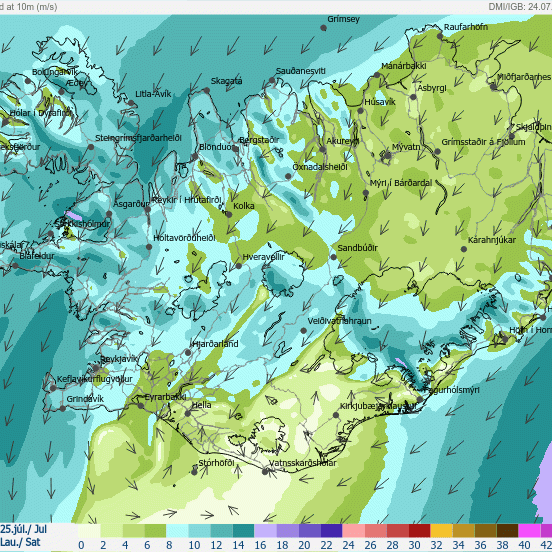 Vindaspá fyrir laugardaginn 25. júlí kl 18. Kort:Veðurstofan