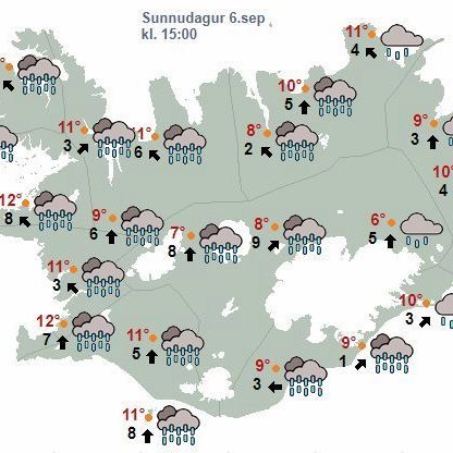 Ríkisspámennirnir gera ráð fyrir strekkings eða allhvassri sunnanátt með rigningu, talsverði úrkomu sunnan- og vestanlands og hita frá 8 stigum til 15.