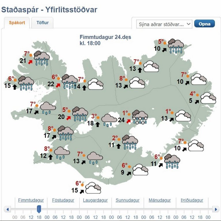 Veðurspáin klukkan 18:00 í kvöld. Skjáskot af vef Veðurstofu Íslands.