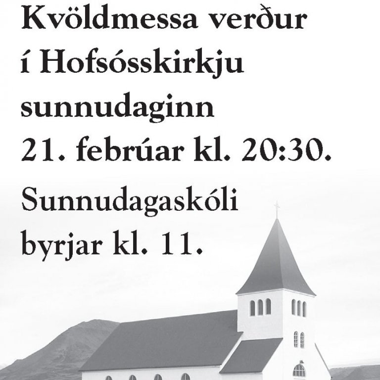 Kvöldmessa í Hofsósskirkju á sunnudaginn