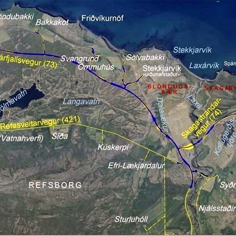 Yfirlitsmynd af síðu Vegagerðarinnar. Bláa línan sýnir ný vegastæði.