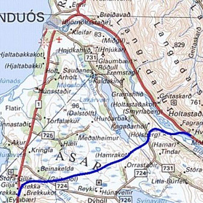 Kortið sýnir hvar möguleg lega Húnavallaleiðar væri. MYND AF HÚNI.IS