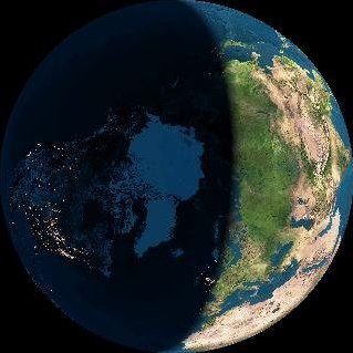 Horft beint ofan á Norðurpólinn: Dagur og nótt á jörðinni núna, 23. desember 2023, kl. 07:26. Mynd tekin af vedur.is