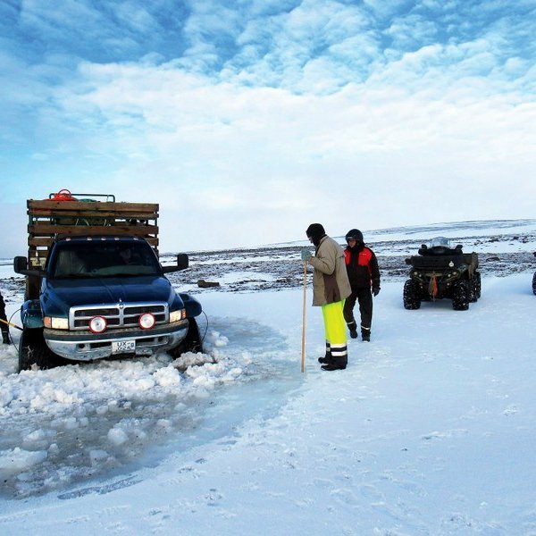 Menn geta komist í hann krappan í eftirleitum á heiðum en það fengu þeir að reyna sem fóru á Eyvindarstaðarheiðina þann 10. október sl. Hafsteinn Lúðvíksson, áður bóndi á Ytra-Vallholti, beitir skóflunni í tilraun leiðangursmanna til að losa Siglufjarðar-Seig, sem er talsvert illa staddur þá stundina í Efri-Þverkvísl. Í bílnum situr eigandinn, Gunnar Júlíusson frá Siglufirði, en fyrir utan styður Guðmundur Valtýsson sig við staf og honum á hægri hönd er Hlífar Hjaltason í Víðiholti, en hann og Jón Gissurarson í Víðimýrarseli riðu sexhjóla stálfákum í leiðangrinum. Mynd: Jón Gissurarson