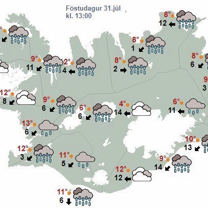 Veðurkortið fyrir 31. júlí kl 13:00. Má segja að veðrið verði svona alla helgina, rigning um allt land. SKJÁSKOT AF VEDUR.IS