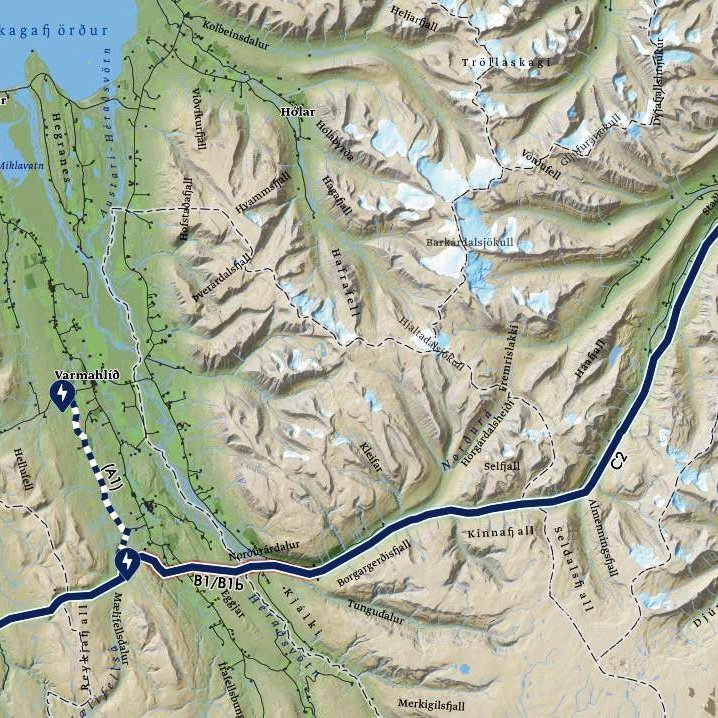Mynd af síðu Landsnets sem sýnir aðalvalkost línunnar milli Blöndu og Akureyrar.
